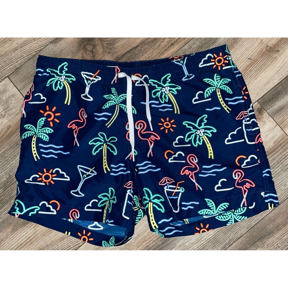 chubbies Navy Swim Trunks with Neon Palm & Flamingo Print